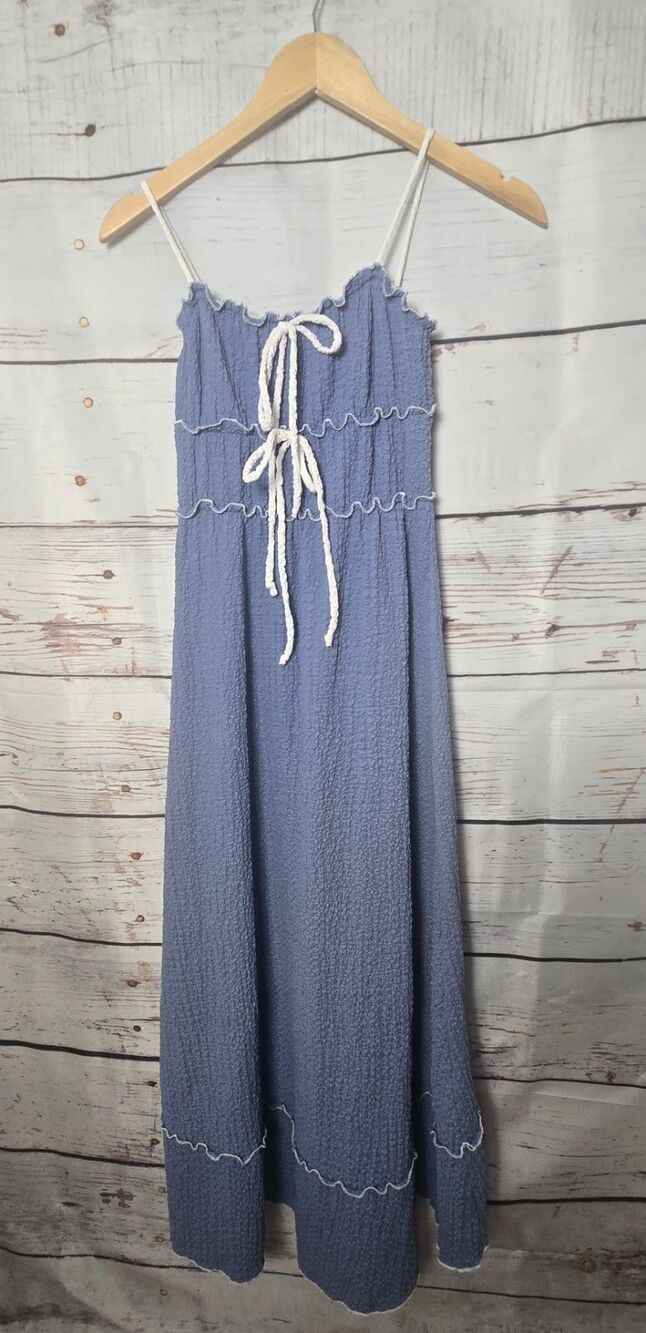See You Monday Womens Maxi Dress Small Blue Spaghetti Strap Textured Tie Front